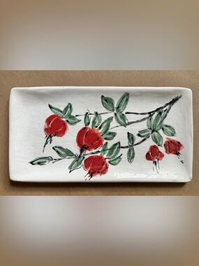 Handmade Ceramic Rectangular Tray Pomegranate Fruit Branch Design 11.25”x6”